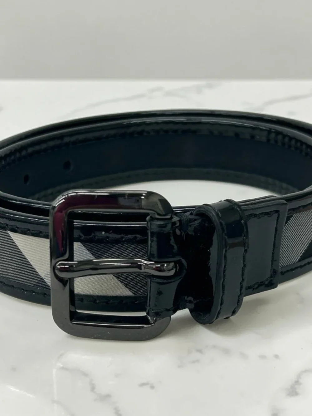 Burberry Black Beat Check and Patent Leather Belt, Size US 32